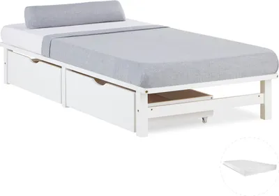 Produktbild von Homestyle4u Holzbett Jugendbett Palettenbett 90x200 mit Matratze 2 Bettkästen Weiß