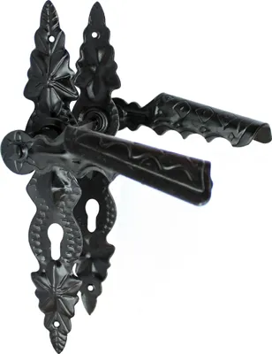 A black metal door handle set with ornate detailing.