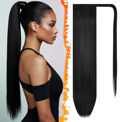 Productafbeelding van Paardenstaart haarstuk, glad, omwikkelbaar, 76 cm, natuurzwart, synthetisch, met clip
