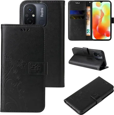 Produktbild von Handyhülle für Xiaomi Redmi 12C Floral Blumen Schmetterling Flip Cover Hülle Case Klapphülle Handytasche Farbe: Schwarz