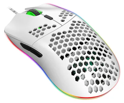 A white gaming mouse with RGB lighting.