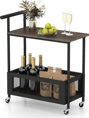 A product shot of a bar cart with bottles, fruit, and glasses.