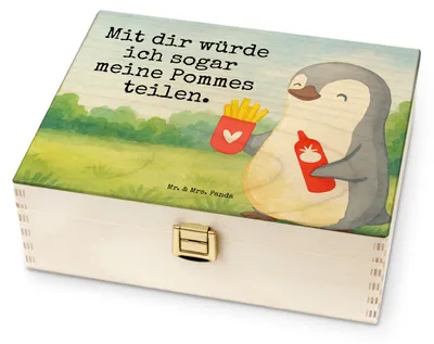 Produktbild von Mr. & Mrs. Panda Teekasten Pinguin Pommes Design - Weiß - Geschenk, Teebeutel-Box, für Partner, Teebehälter, Holz Teebox, Hocheitstag, Tee Box, Frauen, Paare, Freundin
