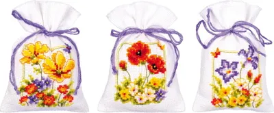 Produktbild von Vervaco Kräutertütchen Kreuzstich Set "Sommerblumen 3er Set", Zählmuster, 8x12cm