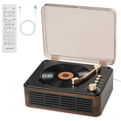 Produktbild von CD-Player mit Lautsprechern CD-Musik-Player FM-Radio mit Fernbedienung unterstützt USB- und AUX-Wiedergabe Retro Holz Plattenspieler mit Lautsprecher