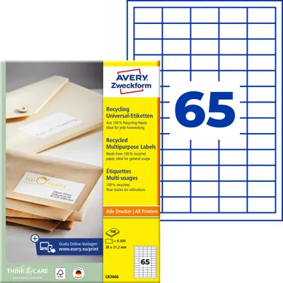Produktbild von Avery Zweckform LR3666, Recycling Universal-Etiketten, A4, 38 x 21,2 mm, 6.500 Etiketten / 100 Bögen, naturweiß