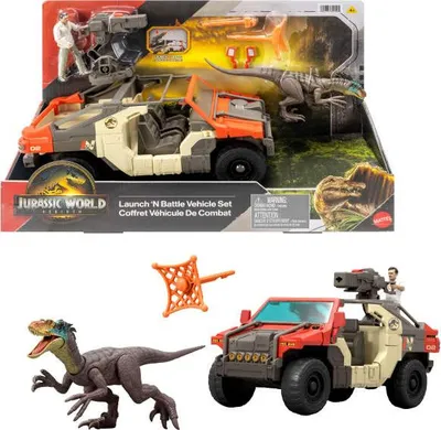 Produktbild von Jurassic World : Die Wiedergeburt Launch ‘N Battle-Fahrzeug mit 1 menschlichen und 1 Dinosaurier-Figur, Geschütz und Projektilen, Aktion/Abenteuer, 4 Jahr(e), Mehrfarbig, Kunststoff