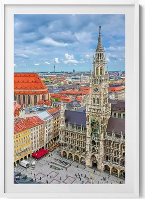 Produktbild von Marienplatz-Rathaus in München– Wandbild mit Rahmen – Gerahmtes Bild  – Wanddekoration – 70x100 cm –  Weiß Rahmen