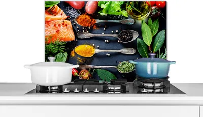 Produktbild von KitchenYeah®  Spritzschutz Küche - Küchenrückwand - Wandschutz für Herd und Spüle - Kräuter - Löffel - Küche - Gewürze 60x40 - Alu-Dibond (Alternative zum Spritzschutz aus Glas) - Hitzebeständig - Her