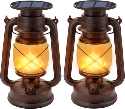 Produktbild von Vintage Solar Laterne, 2 Stück Solarlaterne für Draußen Hängende Gartenleuchten Retro Design Sturmleuchte Wasserdicht LED Solarleuchte mit Flammen Effekt LED Laternen für Außen