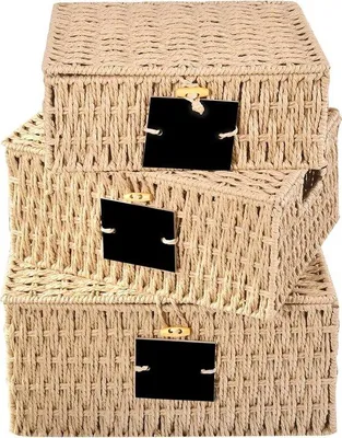 Produktbild von Famanu Aufbewahrungskorb Set aus 3 geflochtenen Rattan Körben mit Deckel - Natur