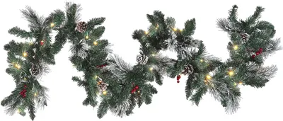 Produktbild von BELIANI Weihnachtsgirlande Grün Kunststoff 180 cm mit LED Beleuchtung Tannenzapfen Beeren Rot Schnee bedeckt Weihnachtsdeko Kamin Fenster