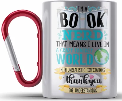 Produktbild von Trendation - Lesen Karabiner Edelstahl Tasse Karabiner Edelstahl Leseratte Geschenkidee Buch Leser Edelstahl Tasse Karabiner mit Spruch Bücherwurm (Rot)