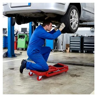 Produktbild von Knieroller mit Schwenkrädern und Werkzeugablage aus ABS für Mechaniker und Handwerker