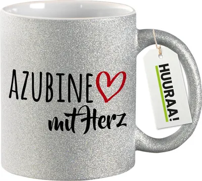 Produktbild von Huuraa Glitzertasse Azubine mit Herz 330ml Silber Keramik Kaffeebecher Geschenkidee