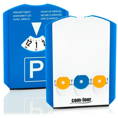 Productafbeelding van Parkeerschijf Parkeerkaart - Ijskrabber - Winkelwagenchip - Blauw en wit - 2 stuks - Voor parkeerterrein