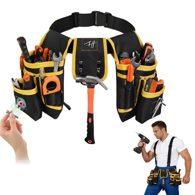 Imagen del producto de Cinturón para herramientas con 26 compartimentos, con bolsillos desmontables, magnético, de color amarillo, ideal para trabajos de construcción y jardinería