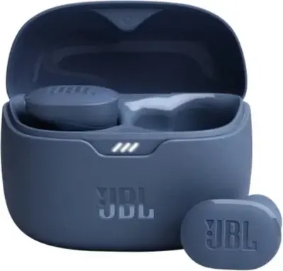 A pair of blue JBL Tune Buds wireless earbuds in their charging case, with one earbud placed next to the case.