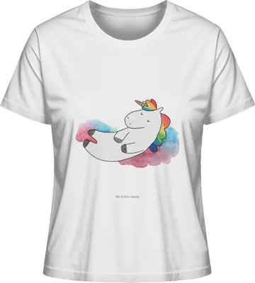 Produktbild von Mr. & Mrs. Panda Basic Shirt Damen Einhorn Wolke 7 Größe L - Weiß - Geschenk, Einhörner, Unicorn, Oberteil, T-Shirt, Frauen, Verliebt, Kurzarmshirt, Menschen, Lächeln