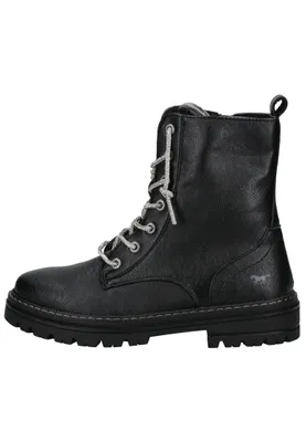 A black lace-up boot is shown from the side against a white background.