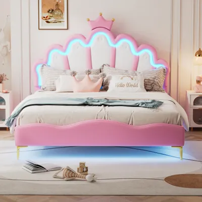 Image de AIORBER Lit rembourré, lit double, 140*200 cm, design nuage, forme de couronne, lumière d'ambiance LED avec télécommande, cuir PU, hauteur de lit réglable, rose