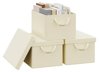 Produktbild von WOLTU Aufbewahrungsbox mit Deckel 3 Stück, mit Griffen, Creme,38x27x20cm