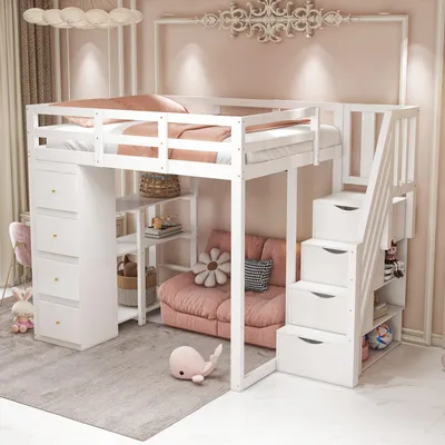 A child's loft bed with integrated storage and a small sofa underneath, set in a pink-themed bedroom.