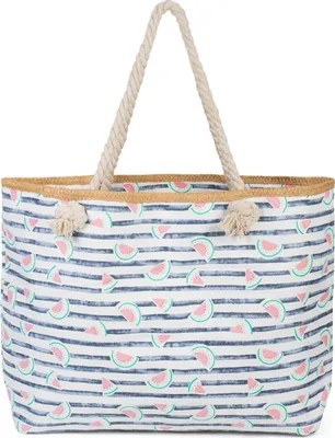 Produktbild von styleBREAKER XXL Strandtasche mit Melonen Print und Streifen | Damen Shopper mit Kordelhenkeln und Reißverschluss | Badetasche mit Früchte Muster | 59 x 38 x 15 cm