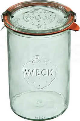 A clear glass jar with an orange rubber seal and metal clasps.
