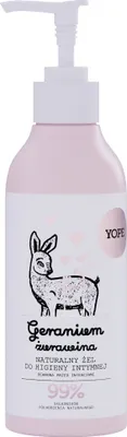 A pink and white pump bottle of intimate hygiene gel with a drawing of a deer on the label.