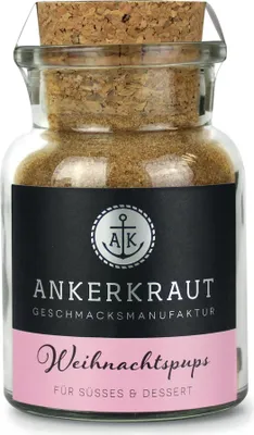 A glass jar of spice with a cork lid, featuring a black label with branding and product details.