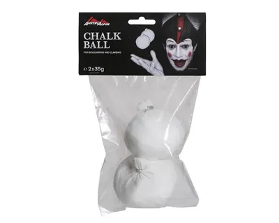 Zwillings Chalkbälle 2x 35g von Austri Alpin; verpackt in einer transparenten Tüte; mit einem Clown im Hintergrund.