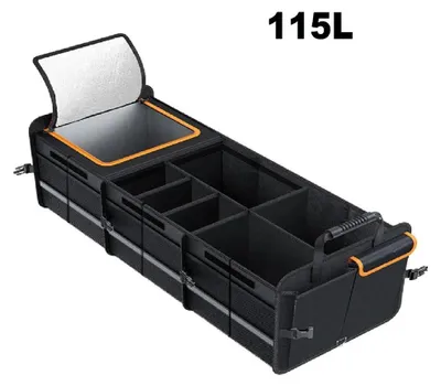 Produktbild von Auto Kofferraum Organizer - Faltbare Aufbewahrungsbox 115L - Oxford Polyester - Mit Deckel - Isoliertes Kühlfach - 89x37x32 cm - Schwarz