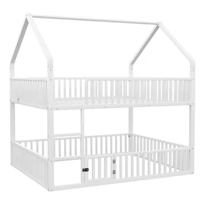 Obrázok produktu pre Detská poschodová posteľ 90 × 200 cm, kovová dvojposteľ, poschodová posteľ so schodiskom, dizajn v štýle loft, spodná posteľ s malými dvierkami na otváranie a zatváranie, biela, kov, 200 cm, 90 cm