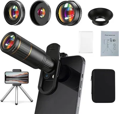 Produktbild von 5-fach Telefoonkamera-Kit – 22-fach Tele, 205° Fischauge, 0,67-fach Groothoek, 25-fach Makro, Clip & Mini-Stativ – für Smartphone