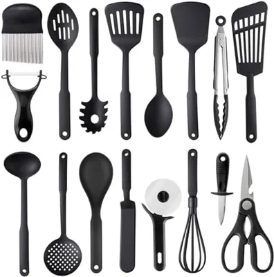 Produktbild von PolkaHome® Küchenhelfer Set – 17-teiliges Nylon Set, hitzebeständig bis 230 °C, spülmaschinenfest, Schwarz