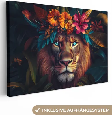 Obrázok produktu pre Obrazy na plátne 120x80 cm - Zvieratá, Kvety - Lev - Listy, Obrazy Obývacia izba Moderné, nástenné dekorácie