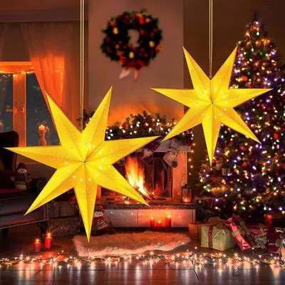 Productafbeelding van Papierster om op te hangen, 3D verlichte kerstster LED papieren verlichte ster, papieren ster met verlichting, vouwster Kerstmis papieren ster lampenkap papier kerstster raamdecoratie