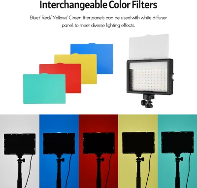 Zdjęcie produktu dla Andoer 3-pack USB LED zestaw oświetlenia wideo, oświetlenie fotograficzne, 3200 K-5500 K, 120 kulek, 14-stopniowe ściemnianie, z regulowaną wysokością statywu 148 cm/58 cali, 5 białych/czerwonych/żółtych/zielonych/niebieskich filtrów, potrójne mocowanie zimnej stopki do transmisji na żywo