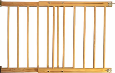 A wooden baby gate is shown against a white background.