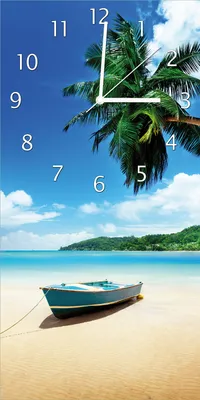 Produktbild von Wallario Design Wanduhr bedruckt, Größe 30 x 60 cm, Motiv: Urlaub am Palmenstrand unter Palmen mit Fischerboot