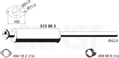 Produktbild von ERNST 313063 Vorschalldämpfer Schalldämpfer für FORD Focus II Schrägheck (DA, HCP, DP) Focus II Kombi (DA, FFS, DS) C-MAX (DM2) Focus C-Max (DM2)