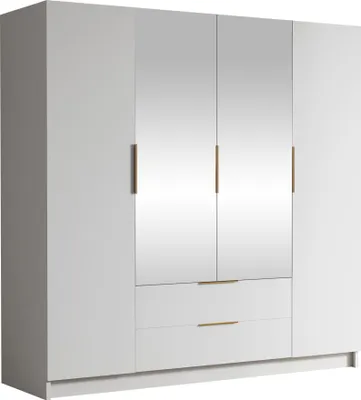 Produktbild von MIRJAN24 Kleiderschrank Sofia II 200, Schlafzimmer, mit Spiegel, Drehtürenschrank, mit Kleiderstange, Modern, Garderobenschrank, Metallgriffe (Farbe: Weiß + Gold)