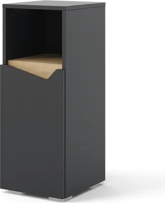 A dark grey cabinet with a wooden shelf and a curved front panel, shown against a white background.