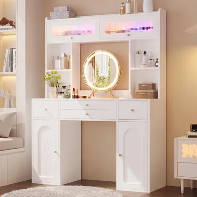 Produktbild von Merax Schminktisch mit LED Spiegel und Beleuchtung, Schminkkommode mit 4 Schubladen und Glastüren, Kosmetiktisch mit Stauraum Für Schlafzimmer, Weiß