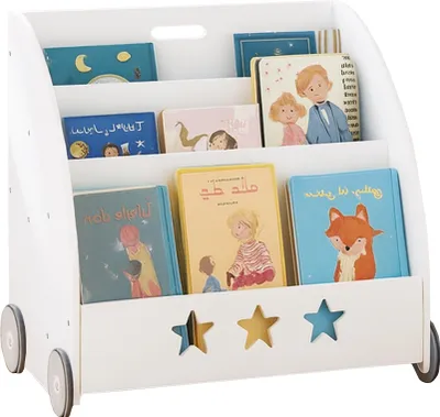 Immagine prodotto di Libreria per bambini Relaxdays, D x L x A: 57 x 62 x 42 cm, su ruote, 3 ripiani per libri e giocattoli, libreria per bambini, bianca