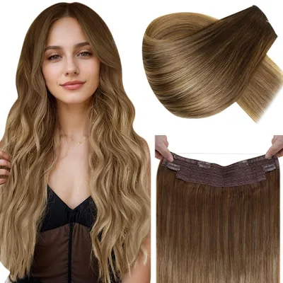 Image de Extensions de cheveux en fil, effet ombré marron balayage, blond, 100g, 50 cm