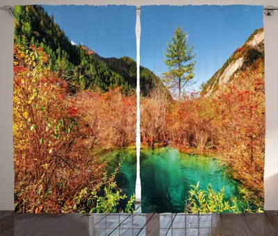 Produktbild von ABAKUHAUS Natur Rustikaler Gardine, Idyllische Herbstsaison, Schlafzimmer Kräuselband Vorhang mit Schlaufen und Haken, 280 x 260 cm, Bernstein Grün