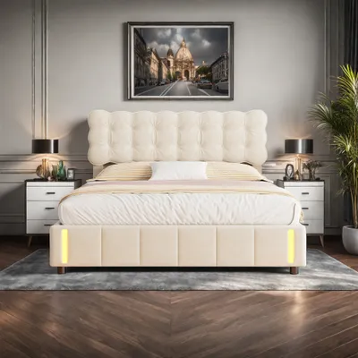 Produktbild von Polsterbett 160x200cm, Stauraumbett Doppelbett mit Lattenrost und LED, Hydraulisches Boxspringbett Jugendbett, Funktionsbett Samt, Beige