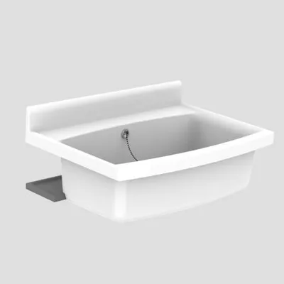A white sink with a drain and chain, shown from a three-quarter angle against a plain gray background.